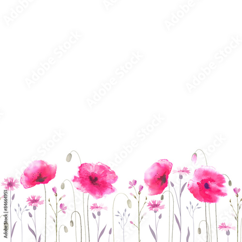 Floral glade with pink poppies and cornflowers. Seamless ornament.