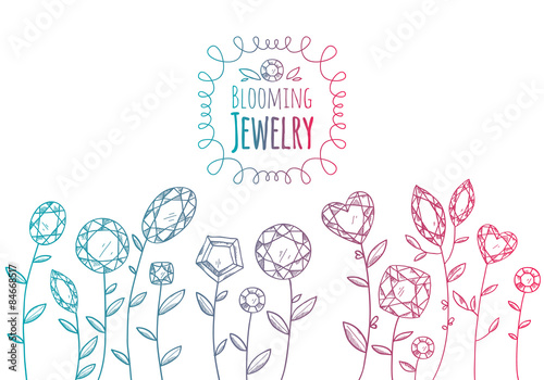 Jewels gemstones flowers hand drawn illustration.