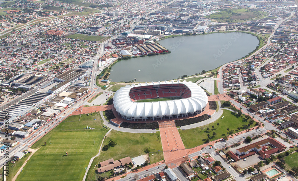 Obraz premium Arial View of Soccer Stadium and Lake