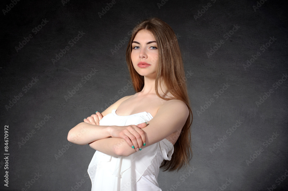 Confidence, confidence, closeness concept. Woman crossed her arm Confidence, confidence, closeness concept. Woman crossed her arm