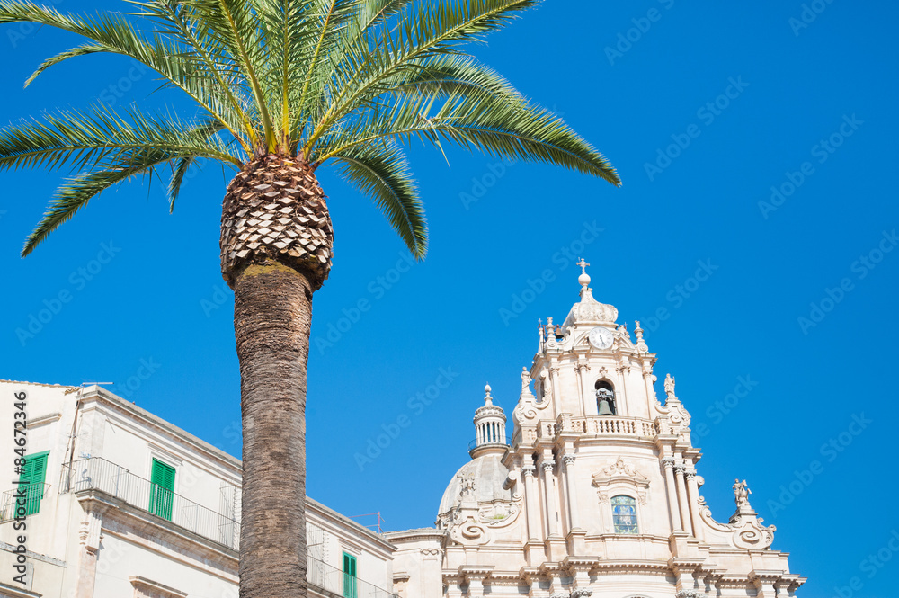 Palm tree in the main square of Ragusa Ibla, Sicily, with the baroque church of St. George