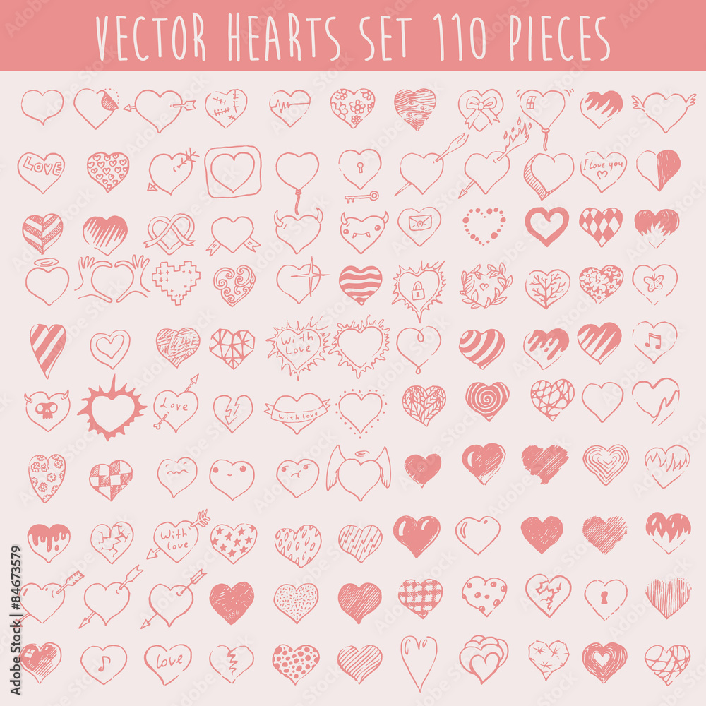 Set Hearts Design Elements Valentine Hand Drawn