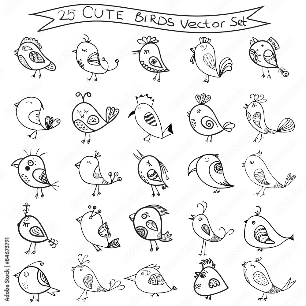 Set of 25 cute birds in vector. Birds doodle collection.