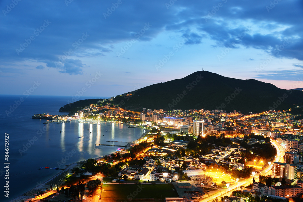 Aerial view of Budva, Montenegro on Adriatic coast after sunset