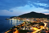 Aerial view of Budva, Montenegro on Adriatic coast after sunset