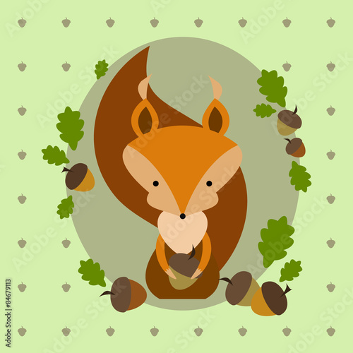 Cute cartoon squirrel with oak leaves and acorns
