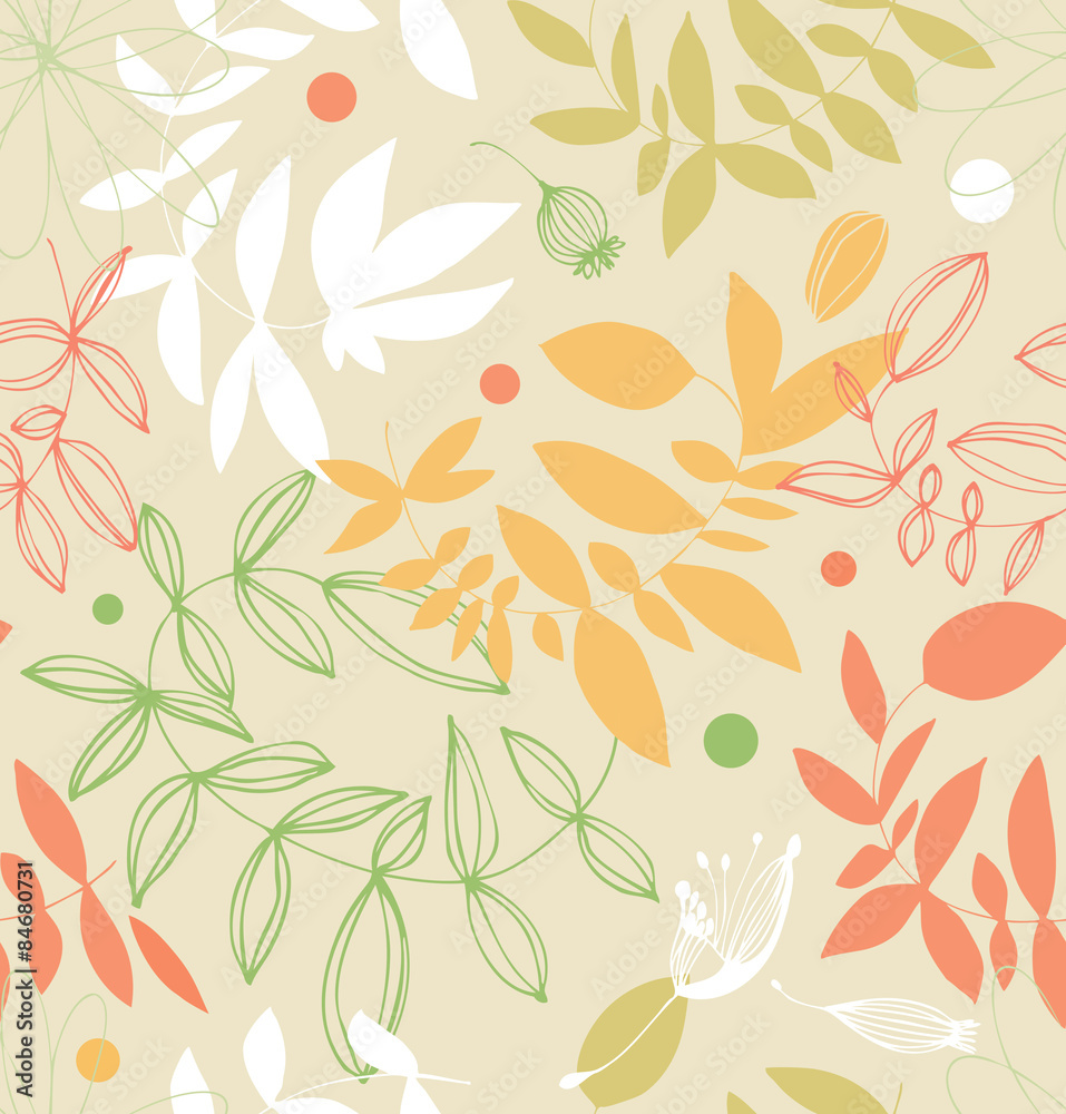 Decorative floral seamless pattern in pale colors. Vector summer background with leaves and branches