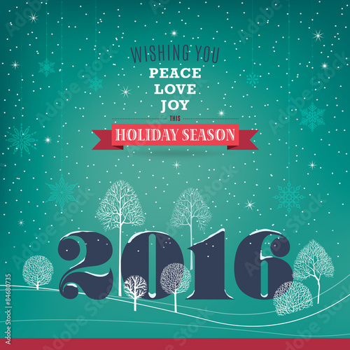 Peace, love, joy. Big 2016 numbers stand between white bare trees. Vintage style. 