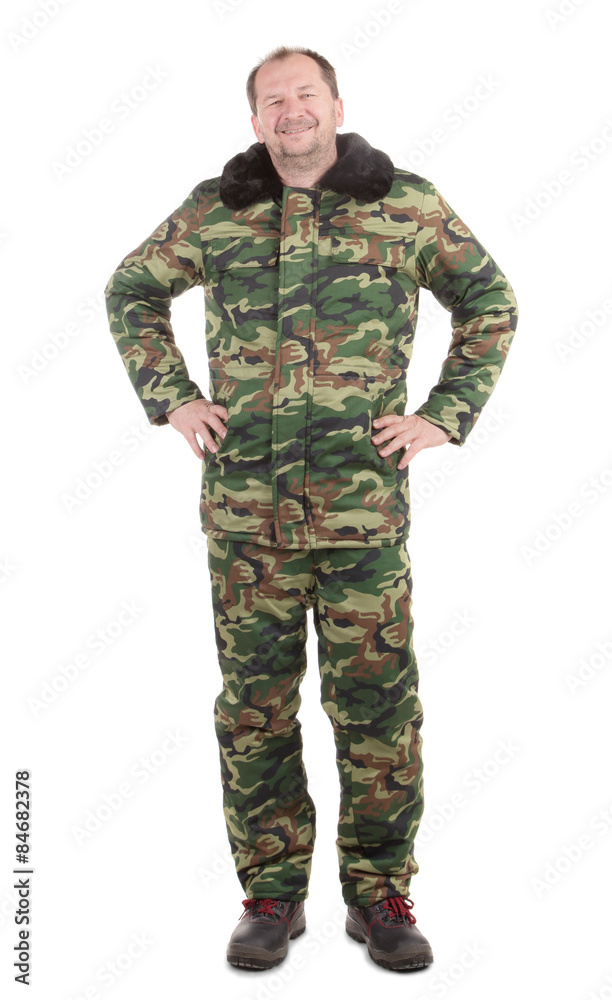 Worker in Camouflage with hands on waist. Worker in Camouflage with hands on waist.