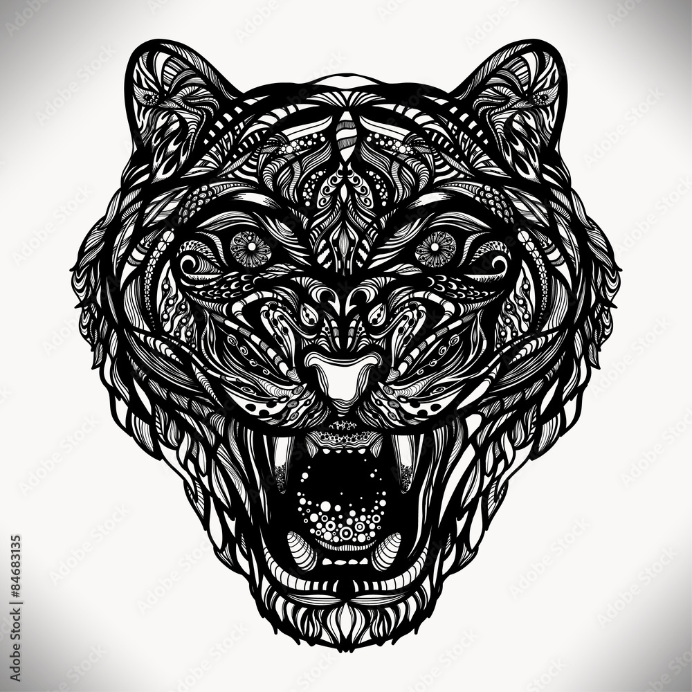 Fototapeta premium Figure vector wild animal tiger with a grin of decorative pattern of lines and dots. Can be used for printing, tattoos and jewelry for you. work of the author.