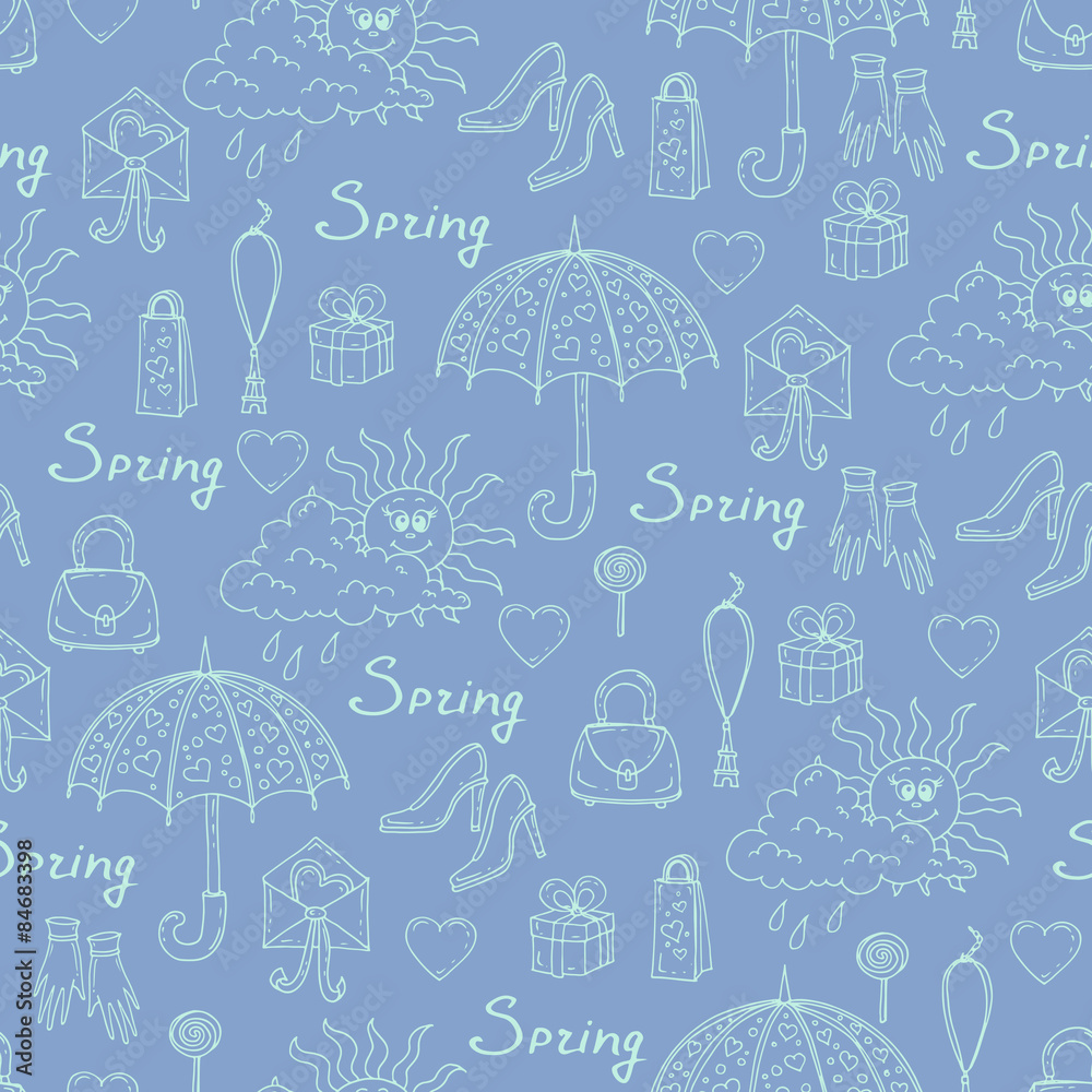 Vector seamless pattern on the theme of spring with hand drawn spring symbols on purple background. Background for use in design, web site, packing, textile, fabric Vector seamless pattern on the theme of spring with hand drawn spring symbols on purple background. Background for use in design, web site, packing, textile, fabric
