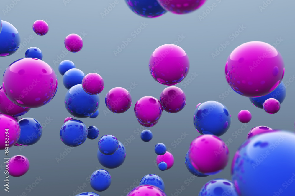 Floating blue and pink balls. 3D render image. Floating blue and pink balls. 3D render image.