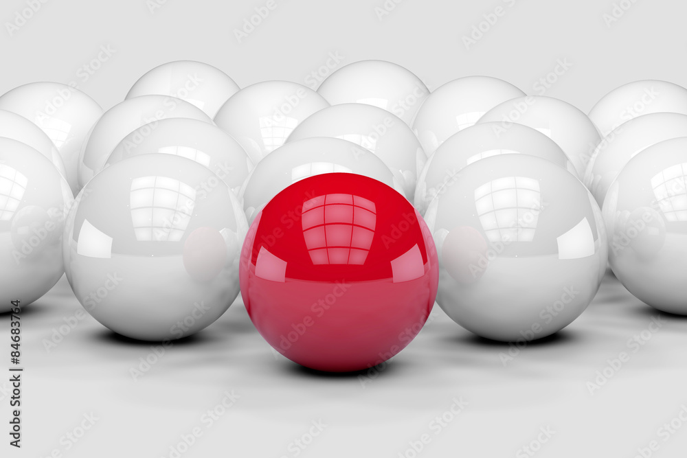 Many white balls among which the red stands out. 3D render image