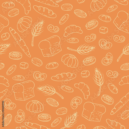 Vector seamless pattern with hand drawn bakery products on orange background. Background for use in design, web site, packing, textile, fabric