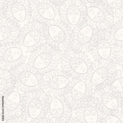 Vector seamless pattern with hand drawn theatrical masks on beige background. Background for use in design, web site, packing, textile, fabric