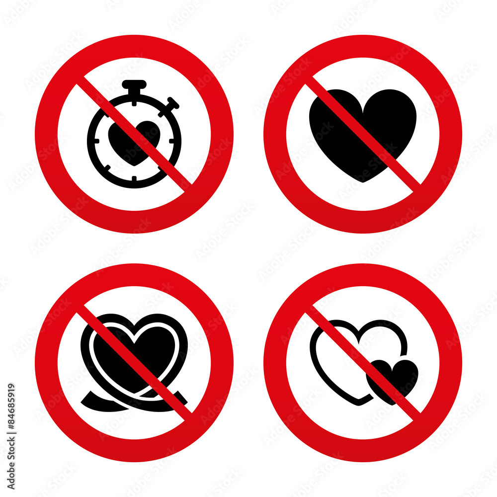 Heart ribbon icon. Timer stopwatch symbol. Heart ribbon icon. Timer stopwatch symbol.