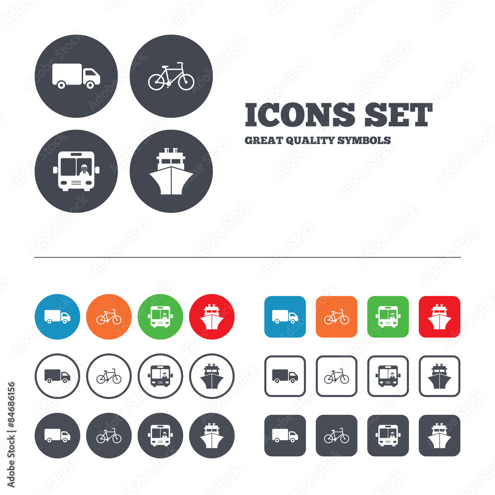 Transport icons. Truck, Bicycle, Bus and Ship. Transport icons. Truck, Bicycle, Bus and Ship.