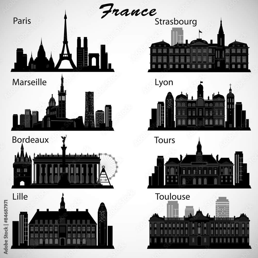 France cities skylines set. Vector silhouettes