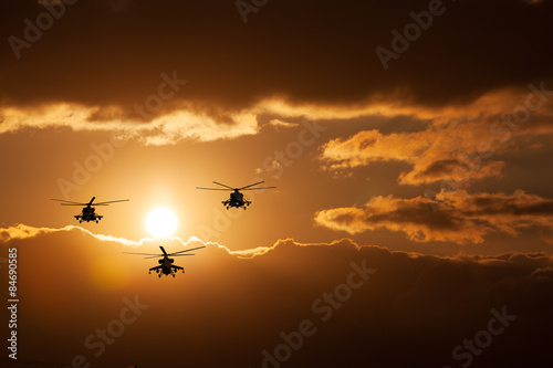 Group combat helicopters, Mi-24, Mi-8, warm sunset