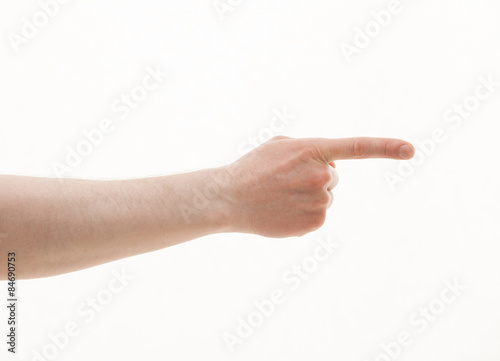 Male hand indicating a direction, white background