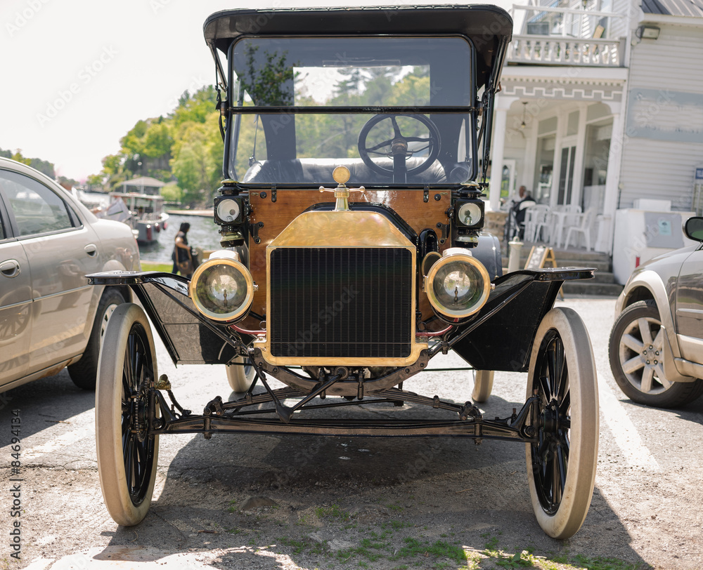 closeup detailed front view of old vintage, classic  beautiful car 