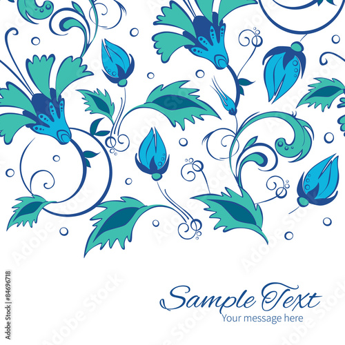 Vector blue green swirly flowers horizontal border card template
