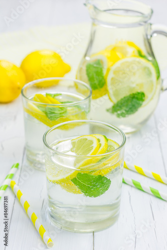 Homemade lemonade with fresh lemon and mint