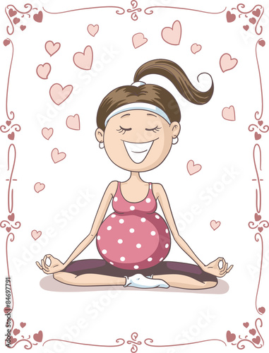 Blissful Pregnant  Woman Doing Yoga Vector Cartoon