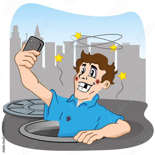 Person photographing selfie after falling in the hole
