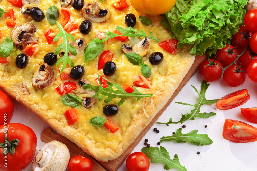 Delicious homemade pizza on white background