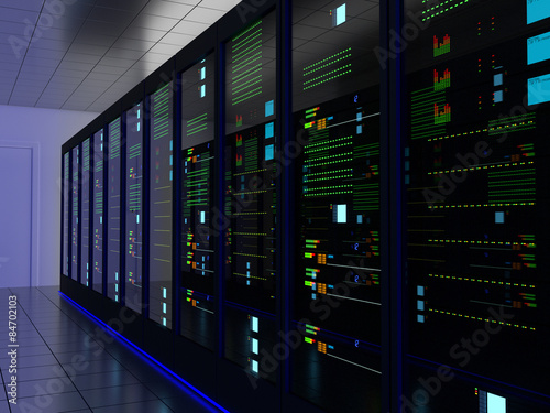 Server room (colocation) or colo with several cabinets, server, switches and gateways.