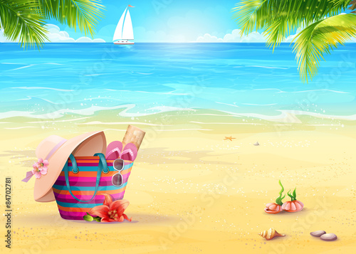 Summer illustration with a beach bag in the sand against sea and white sailboat