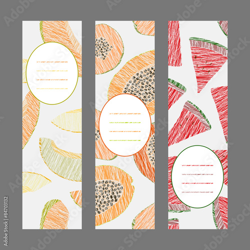 Vertical Fruit Banners. Illustration. Scratched Papaya, melon.