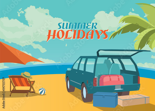 Summer holidays vector illustration,flat retro design beach and suv, concept