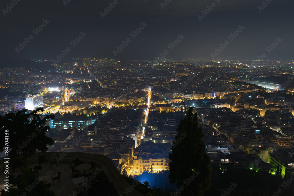 Athens Greece city lights. Crossroads night view.