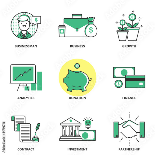 Banking and finance vector icons set: businessman, business, gro