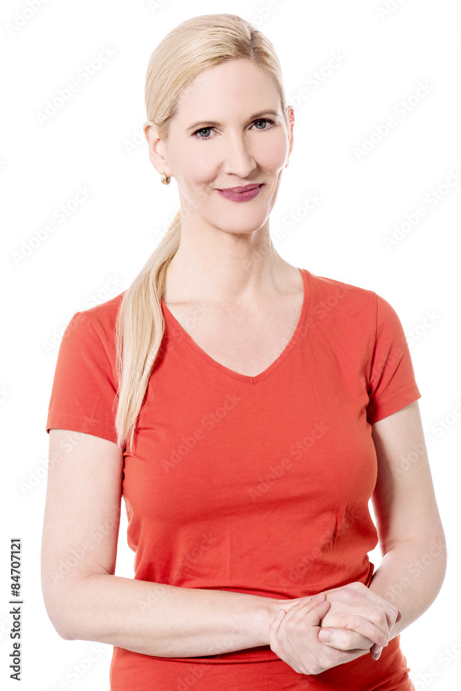 Woman posing with clasped hands Woman posing with clasped hands