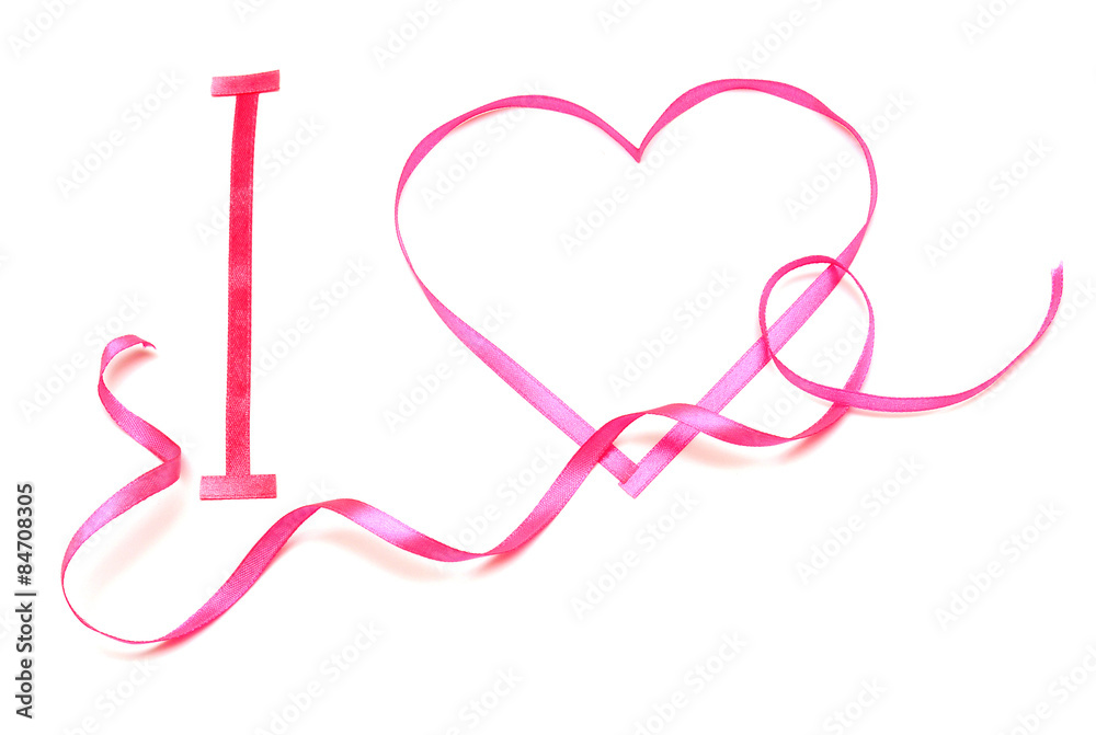 I love you. Pink heart from satin ribbon
