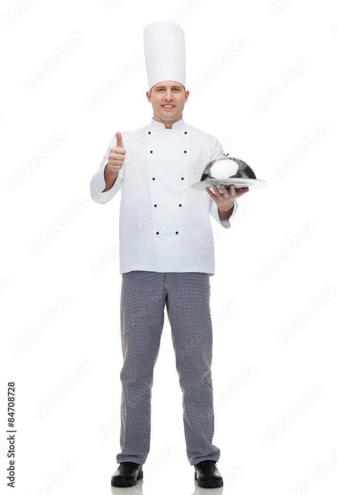 happy male chef cook with cloche showing thumbs up happy male chef cook with cloche showing thumbs up