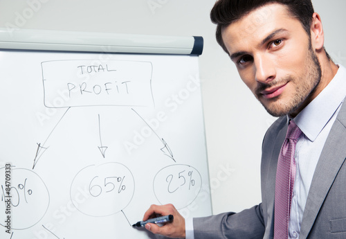 Handsome businessman writing on a flipchart