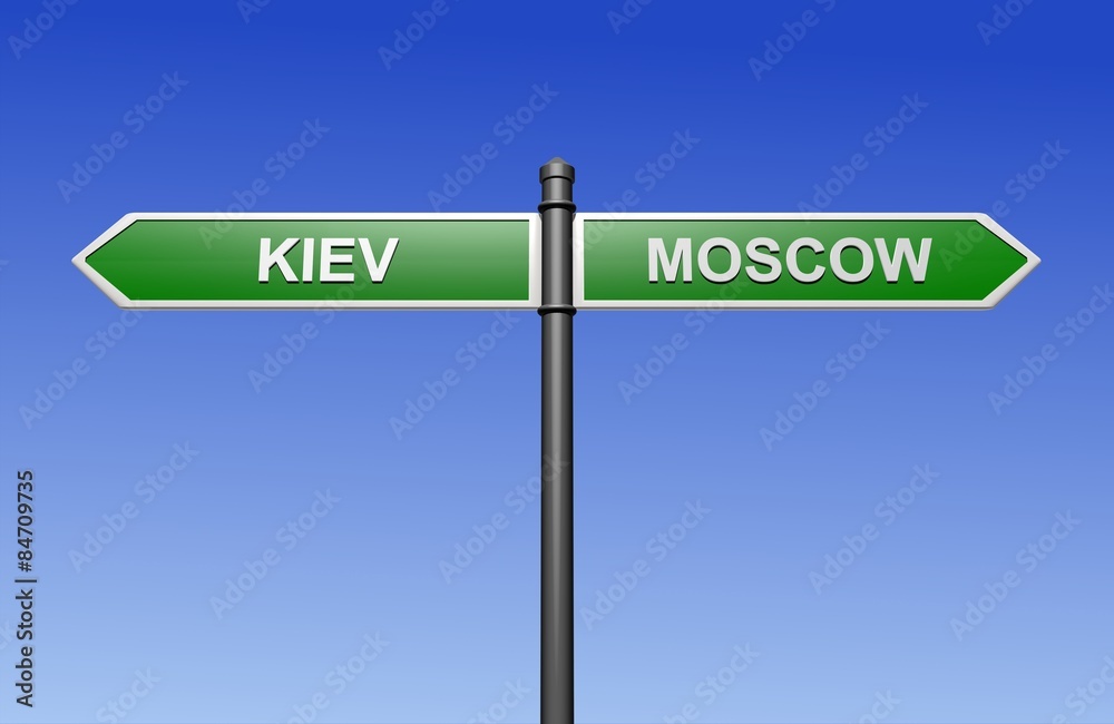 Signpost with arrows pointing two directions - towards Kiev and Moscow. Signpost with arrows pointing two directions - towards Kiev and Moscow.