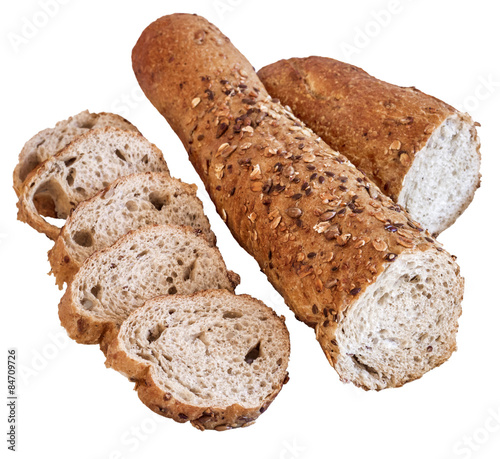 Integral Baguette cut in slices, Isolated on White Background.