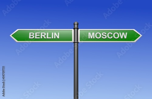 Signpost with arrows pointing two directions - towards Berlin and Moscow.