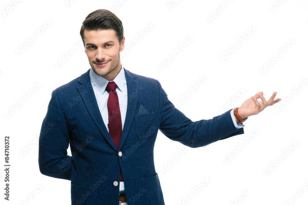 Businessman with arm out in a welcoming gesture Businessman with arm out in a welcoming gesture