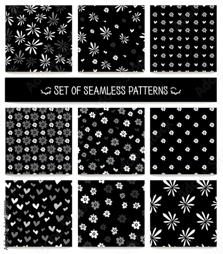 Set of seamless patterns. Monochrome, black and white. Floral
