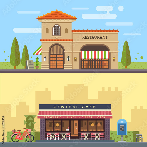 Landscape with buildings restaurant and cafe. Cityscape. Vector flat illustration