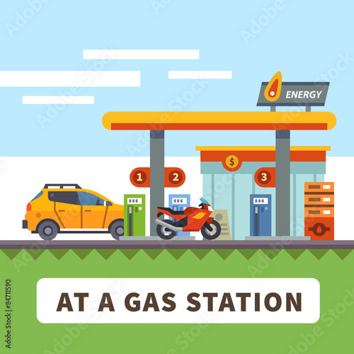 Car and motorcycle at a gas station. Urban landscape. Vector flat illustration