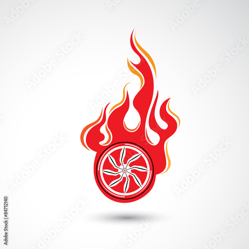 Wheel in Fire flame Logo design vector template. Car Logotype.