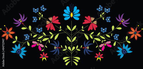 European Culture Inspired Folk Floral pattern in color on black background