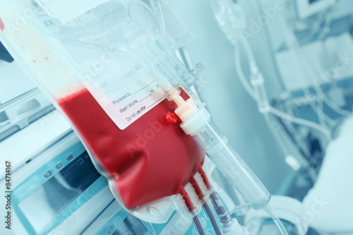 Blood for transfusion on a background of hardware in the intensi